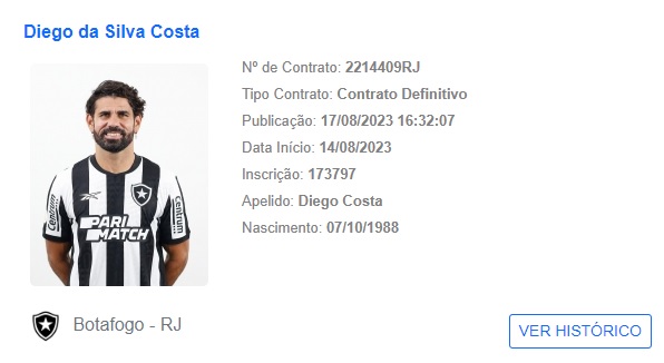 À disposição Diego Costa tem nome publicado no BID e pode estrear pelo