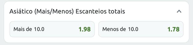 Captura de tela mostra o mercado de escanteio asiático na Betano.