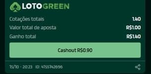 Captura de tela de cash out ao vivo na Lotogreen.