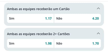 Captura de tela mostra o mercado de ambos os times para receber cartões amarelos.