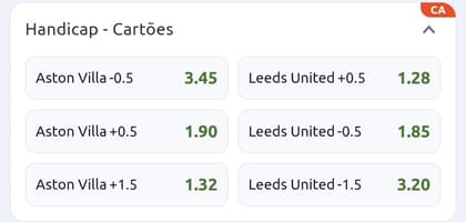 Captura de tela da Betano com o mercado de handicap de cartões na Premier League.