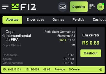 Captura da tela de aposta com cash out na F12 Bet, uma casa de apostas no Campeonato Mineiro.