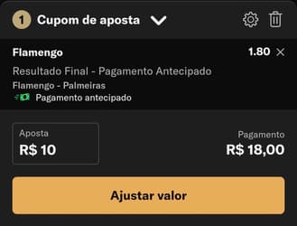 Captura de tela do bilhete de apostas na BetMGM com Pagamento Antecipado em um jogo de futebol pelo Brasileirão.