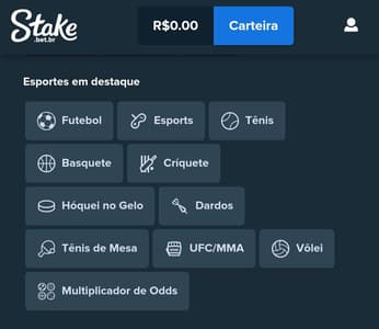 Captura de tela do site mobile da Stake com esportes em destaque.
