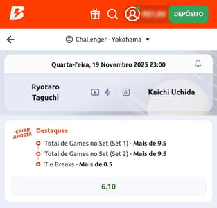 Captura de tela da aposta em tênis na Betano