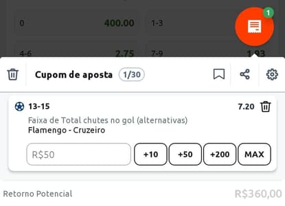 Captura de tela com odds referentes ao momento no mercado Chutes no Gol Betano