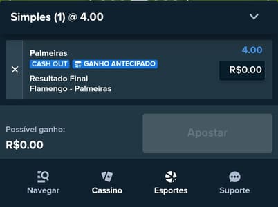 Captura de tela do bilhete de apostas esportivas no Brasileirão.