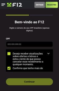 Captura de tela da página de cadastro com o código promocional F12 Bet.