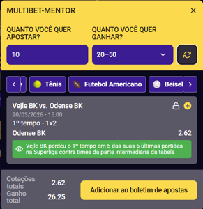 Ferramenta Multibet Mentor sugerindo aposta com odds e previsão de ganho