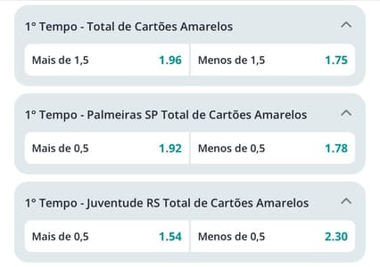 Captura de tela de apostas em cartões amarelos no 1º tempo.