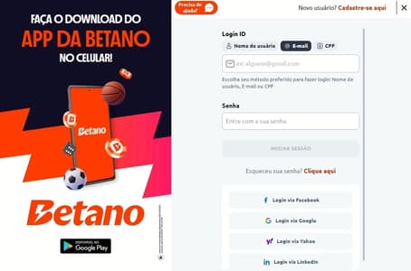 Captura da tela de login na Betano pelo computador.