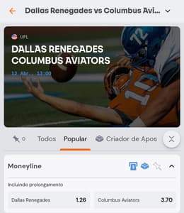 Captura de tela da Betsson com um evento da UFL de futebol americano com o mercado Moneyline.