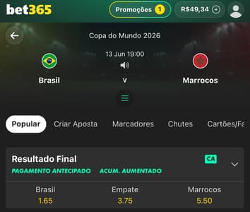 Captura de tela do confronto entre Brasil e Marrocos pela Copa do Mundo 2026 na bet365