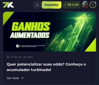 Captura de tela da promoção de Ganhos Aumentados com o código Bet7K.