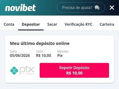Captura de tela da Novibet exibindo o depósito de R$10.