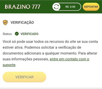 Captura de tela do status de verificação de conta na Brazino777.