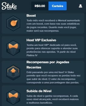 Captura da tela do Clube VIP da Stake, uma casa de apostas no Mineiro 2027.