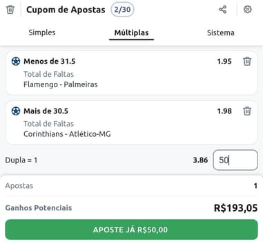 Captura de tela do Cupom de Apostas com mercados de Total de Faltas