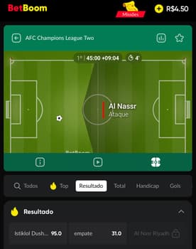 Captura de tela exibe o campo tático em apostas ao vivo no Betboom app.