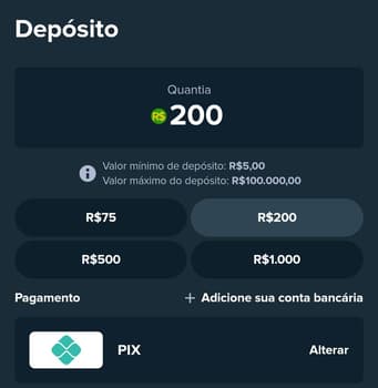 Captura de tela com depósito de R$200 via Pix no Stake App para Android.