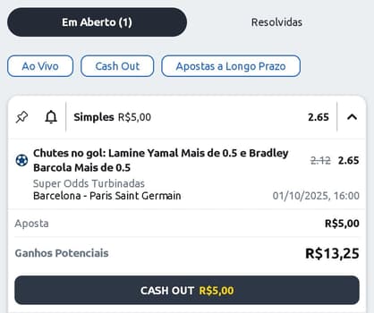 Captura de tela com função de Cash Out da Betano para iniciantes via "Minhas Apostas"