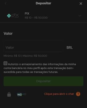 Captura da tela de depósitos via Pix na Betsson.