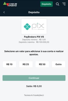 Captura da tela de depósitos via Pix na Casa de Apostas.