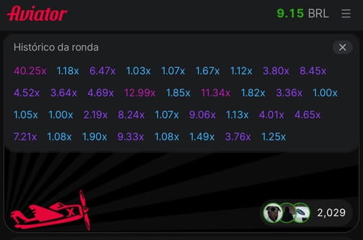 Captura de tela do histórico de partidas no jogo aviator da bet365.