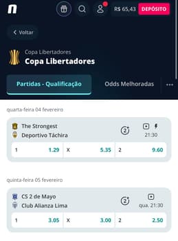 Captura de tela mostra os jogos da Libertadores com transmissão ao vivo na Novibet.