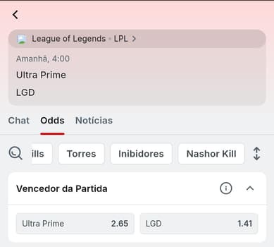 Captura de tela da Superbet com aposta em partida de League of Legends.