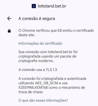 Captura de tela das informações do site oficial da Lottoland indicando que a conexão é segura e protegida pelo protocolo TLS 1.3.