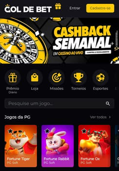 Captura de tela do bônus de cashback do cassino Gol de Bet.