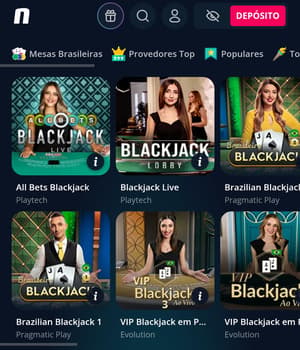 Captura de tela do lobby de salas de blackjack na Novibet