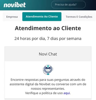 Captura de tela do suporte Novibet via Novi Chat.