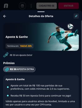 Captura de tela exibe a promoção Aposte e Ganhe da Novibet.