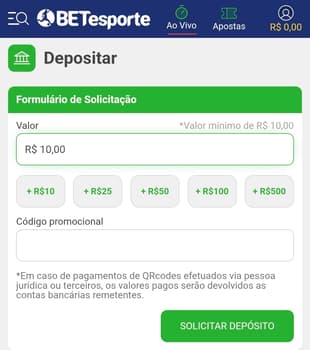 Captura de tela do menu de solicitação de depósito a partir de R$10 na BETesporte.
