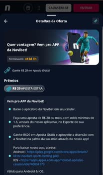 Captura de tela da oferta Vem pro App no site oficial da Novibet.