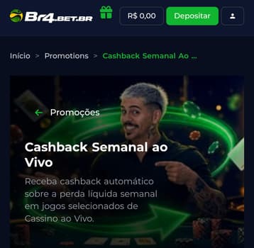 Captura de tela do bônus BR4BET de cashback em cassino ao vivo.
