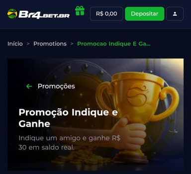 Captura de tela do bônus BR4BET de Indique e Ganhe.