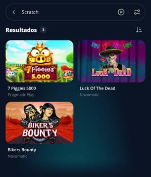 Captura de tela mostra as opções de raspadinhas online disponíveis no app da Novibet.