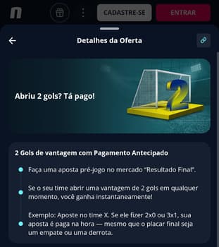 Captura de tela mostra detalhes do Pagamento Antecipado na Novibet.
