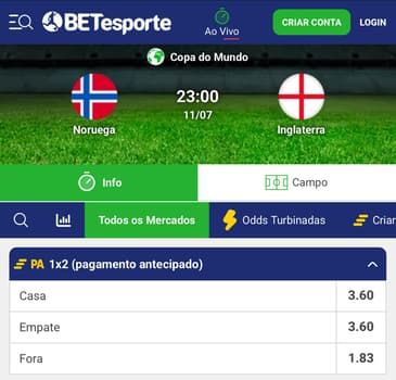 Captura de tela do mercado de apostas de futebol na BETesporte.