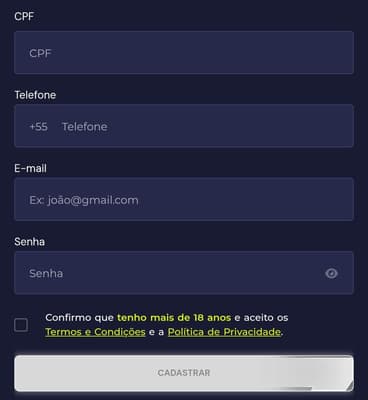 Captura de tela do cadastro da Bet7K.