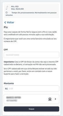 Captura de tela mostrando como sacar na Betano via Pix