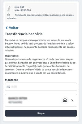 Captura de tela do saque Betano via TED.