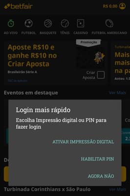 Captura de tela da função de login mais rápido no aplicativo Betfair