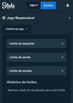 Captura de tela das ferramentas de jogo responsável no site oficial da Stake.