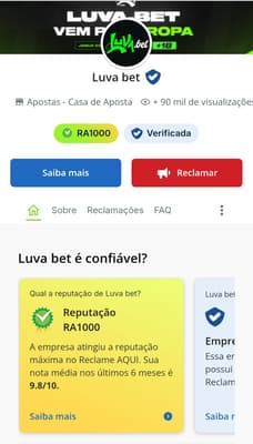 Captura de tela da página oficial do Reclame Aqui indicando que o Luva Bet é confiável e tem selo RA1000.