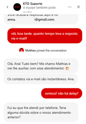 Chat ao vivo da KTO com atendente humano