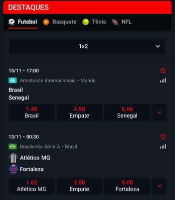 Captura da tela de apostas em futebol na MC Games.